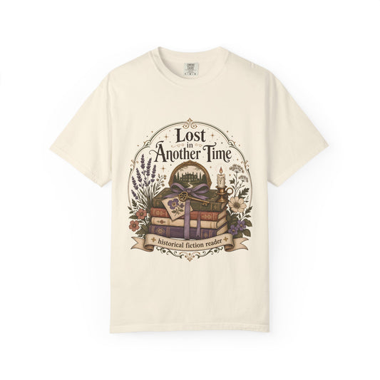 Lost in Another Time historical fiction reader T-shirt in Ivory, featuring vintage books, an antique key, candle, flowers and a country house.