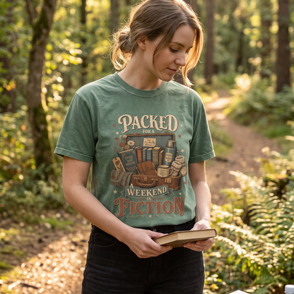 Packed for a Weekend in Fiction reading T-shirt featuring a vintage suitcase filled with books and cozy weekend reading essentials