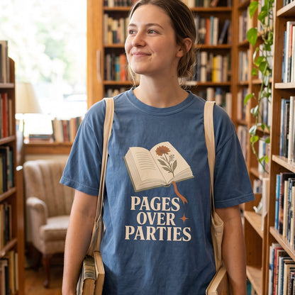 Pages Over Parties introvert reader shirt in Moss styled for a quiet reading lifestyle and homebody book lovers.