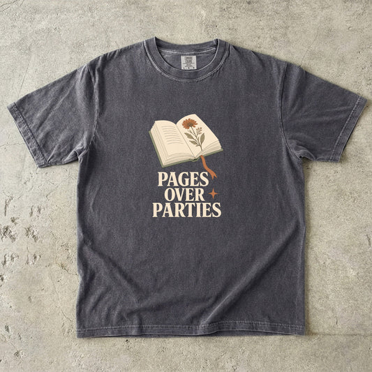 Pages Over Parties introvert reader shirt in Pepper featuring an open book, flower and minimalist literary artwork.
