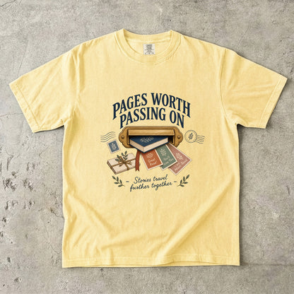 Butter book lover T-shirt with “Pages Worth Passing On,” a mail slot, book and recommendation cards