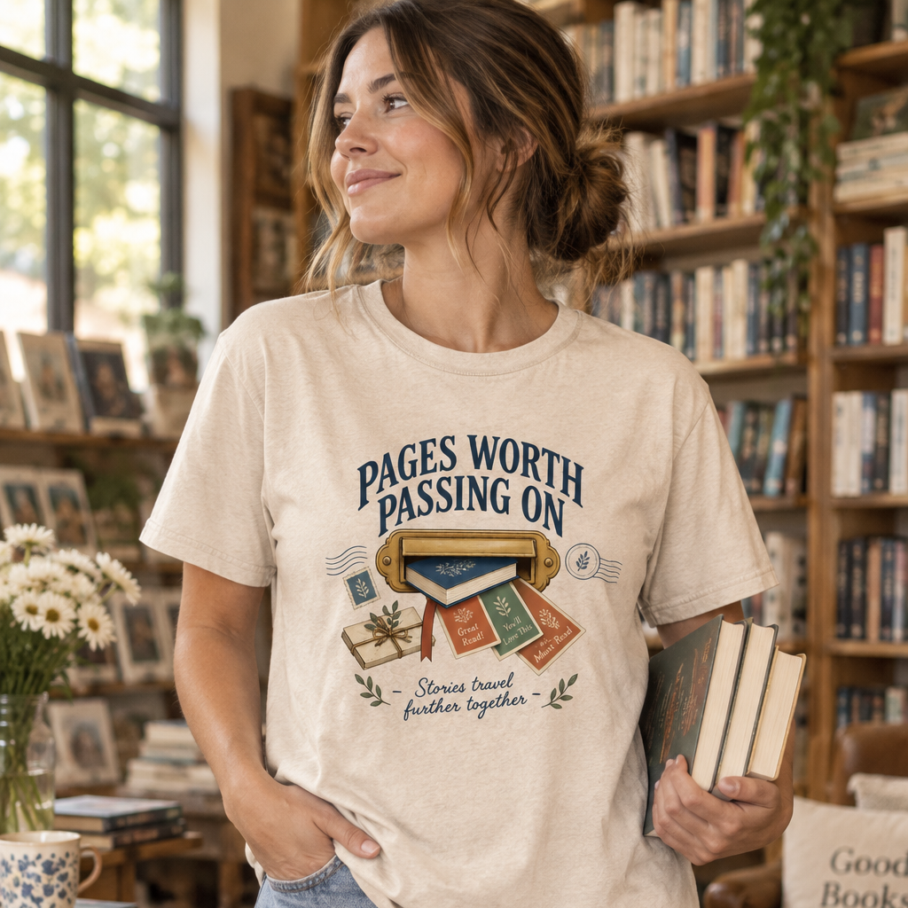 Book lover T-shirt featuring “Pages Worth Passing On” with a mail slot, book and recommendation cards