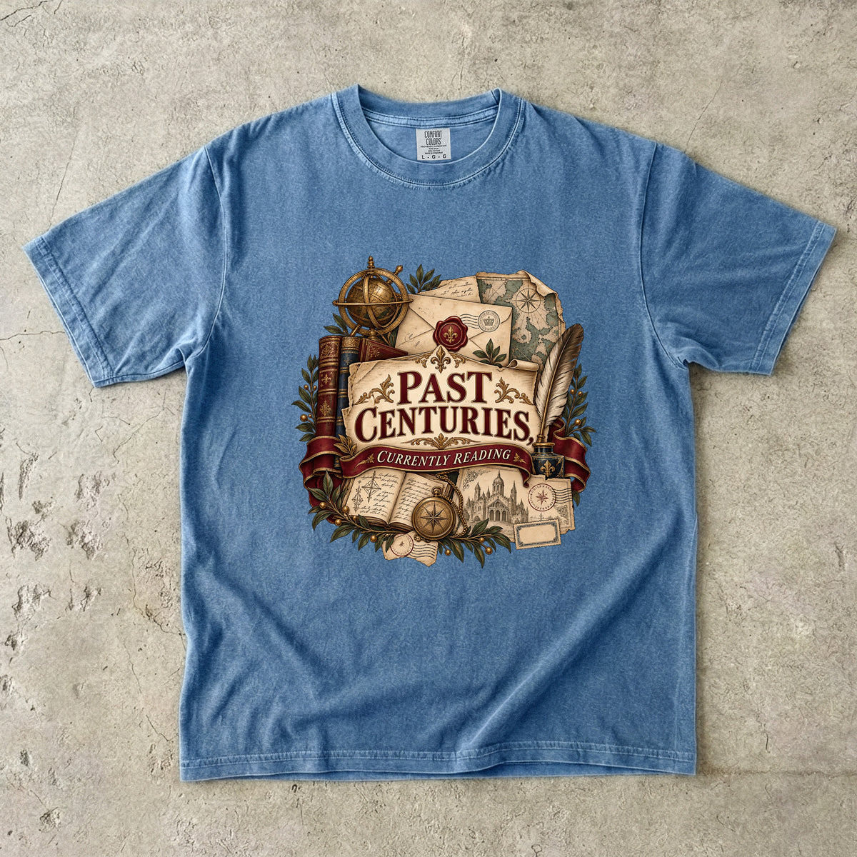 Blue Jean literary T-shirt with “Past Centuries, Currently Reading,” antique-style books, letters and maps