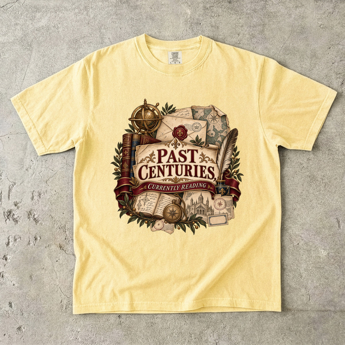 Butter literary T-shirt with “Past Centuries, Currently Reading,” antique-style books, letters and maps