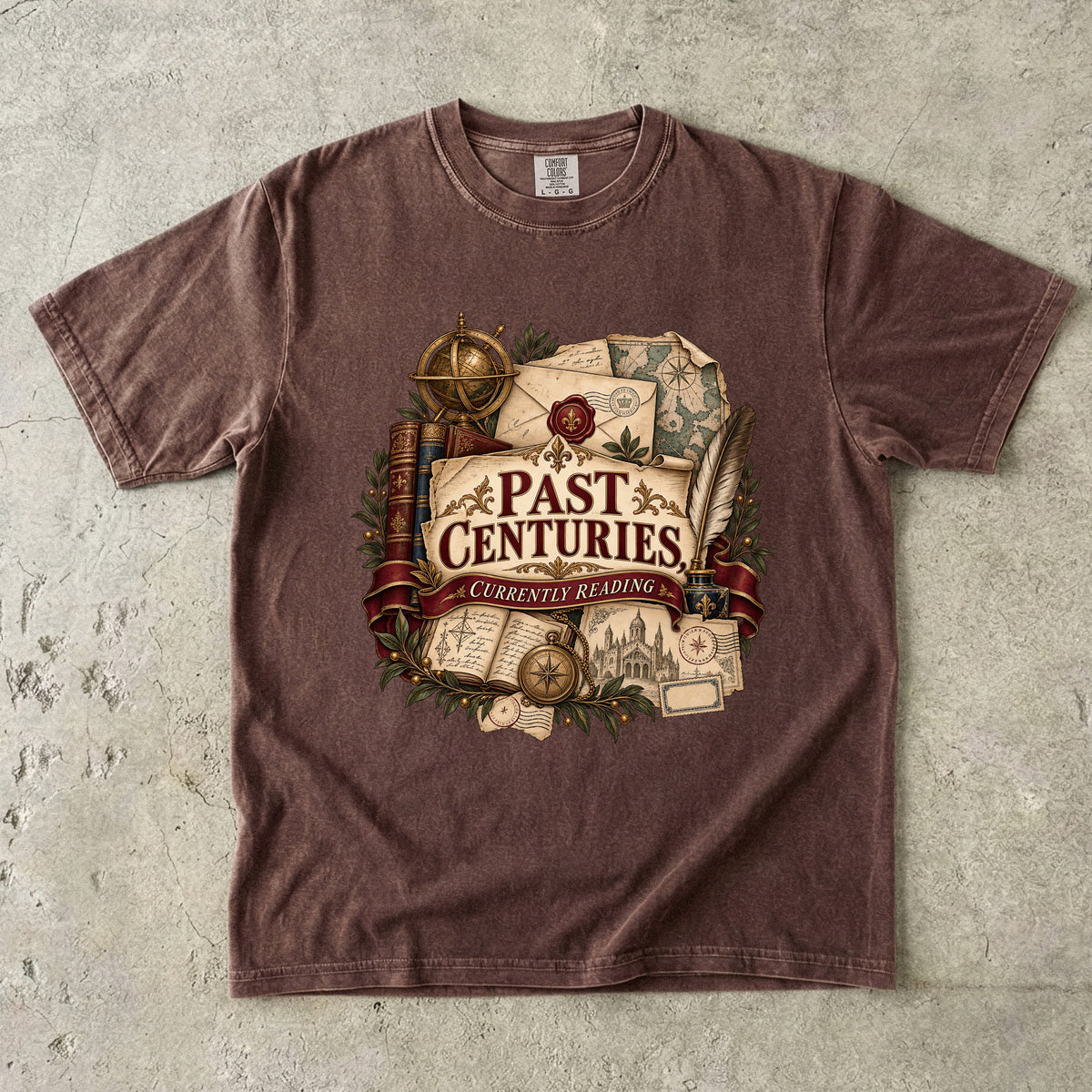 Espresso literary T-shirt with “Past Centuries, Currently Reading,” antique-style books, letters and maps
