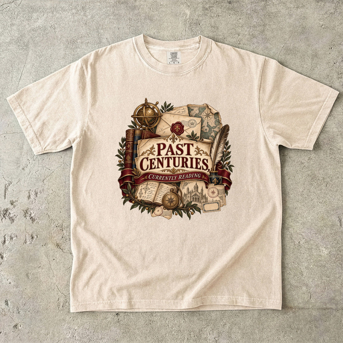 Ivory literary T-shirt with “Past Centuries, Currently Reading,” antique-style books, letters and maps