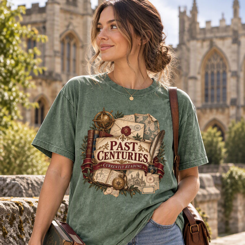 Literary T-shirt featuring “Past Centuries, Currently Reading” with antique-style books, letters and maps