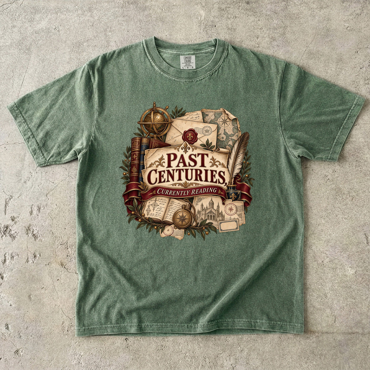 Moss literary T-shirt with “Past Centuries, Currently Reading,” antique-style books, letters and maps