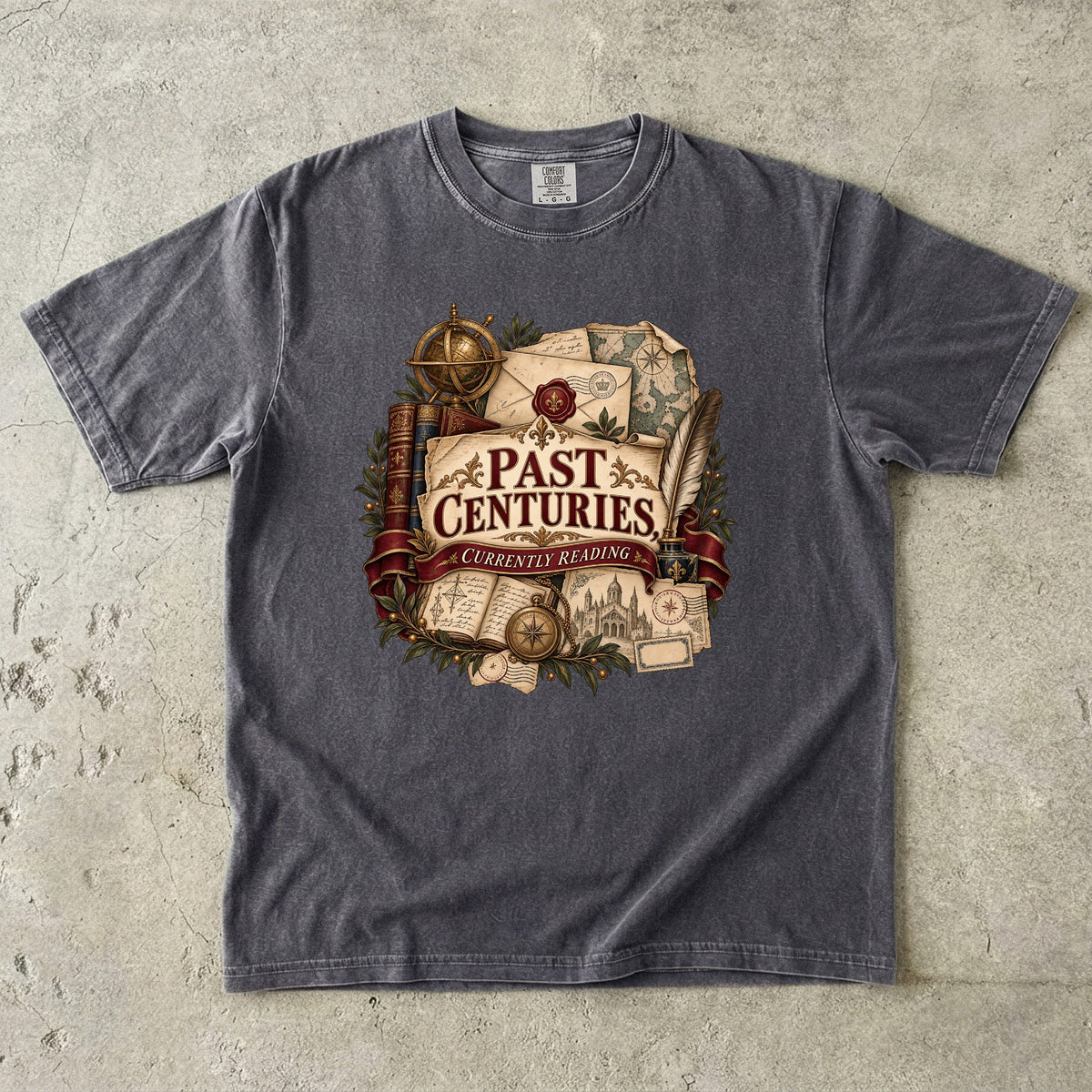 Pepper literary T-shirt with “Past Centuries, Currently Reading,” antique-style books, letters and maps