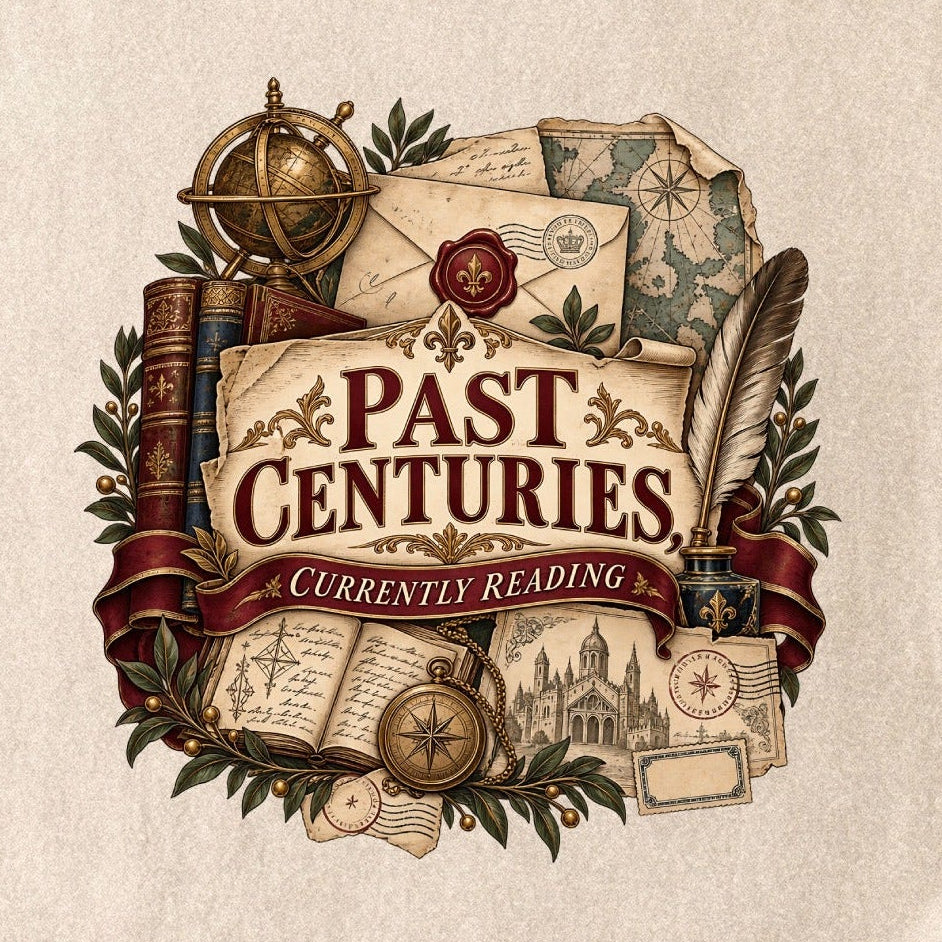 Close-up of the “Past Centuries, Currently Reading” T-shirt design, showing vintage-style maps, letters, books, a wax seal, a globe, a compass and a feather quill.