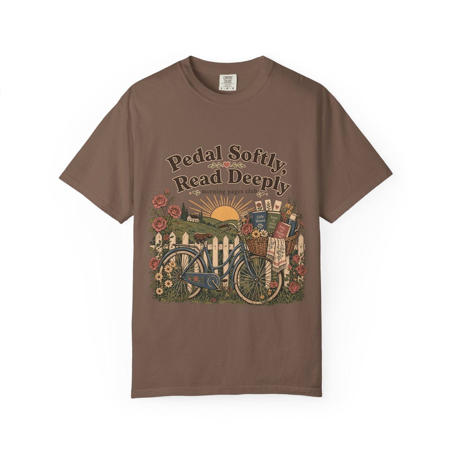 Pedal Softly, Read Deeply book lover T-shirt with vintage bicycle, books and flowers on Espresso.