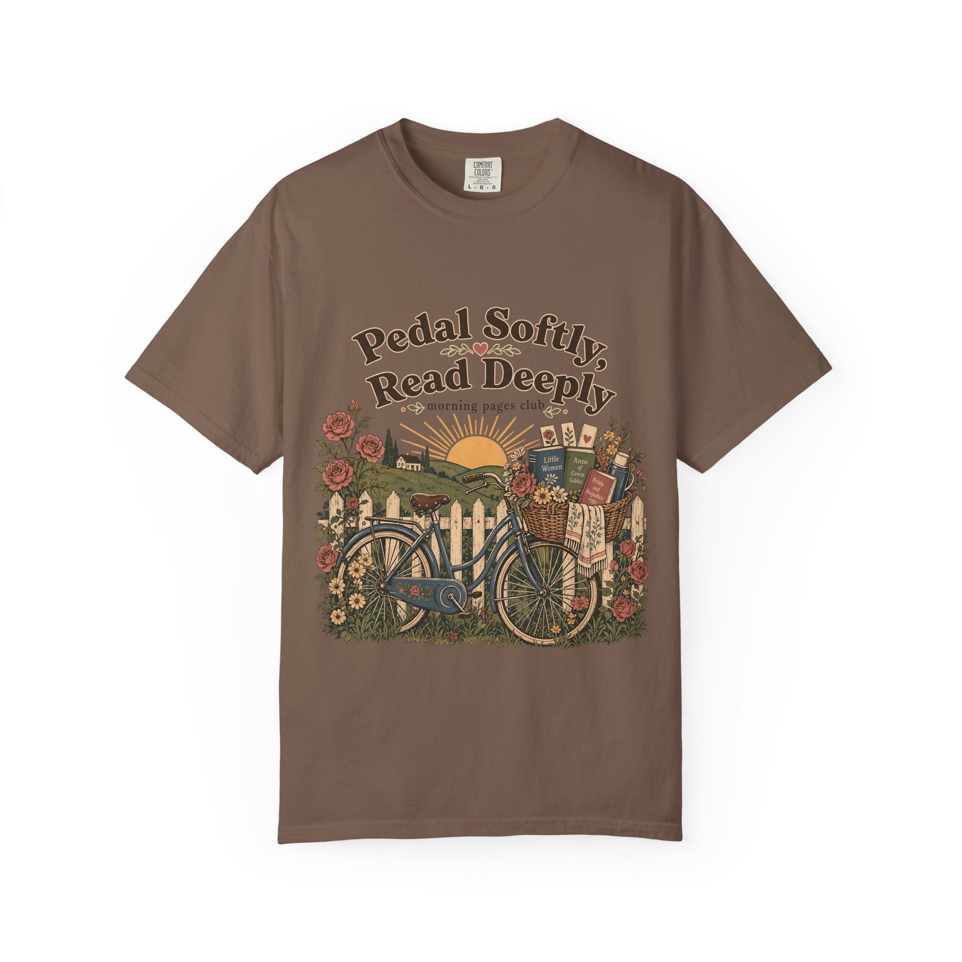 Pedal Softly, Read Deeply book lover T-shirt with vintage bicycle, books and flowers on Espresso.