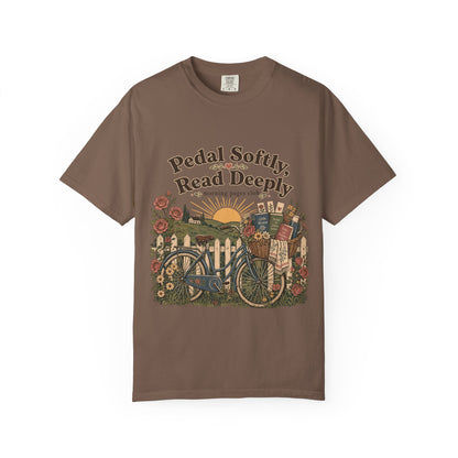Pedal Softly, Read Deeply book lover T-shirt with vintage bicycle, books and flowers on Espresso.