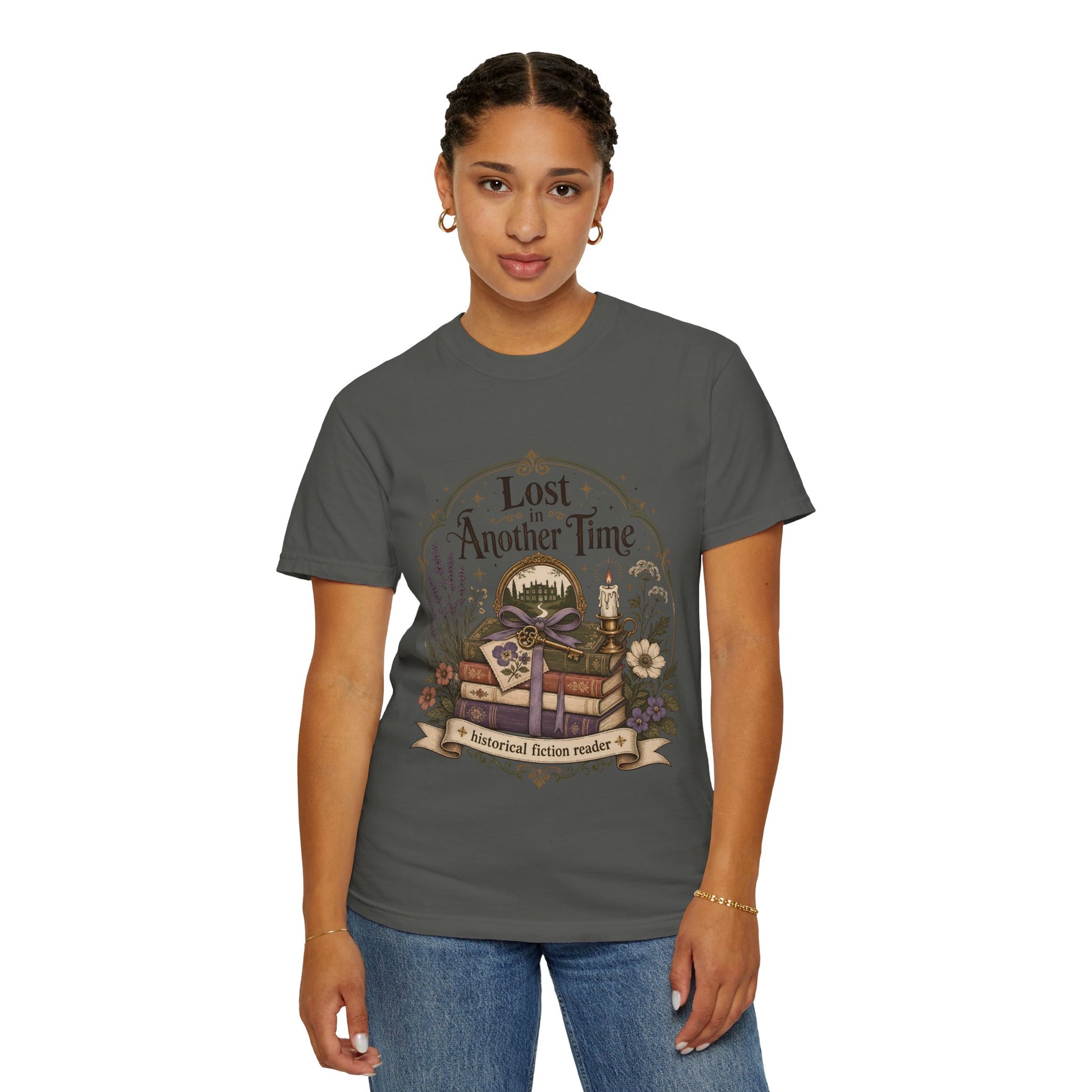 Person wearing a pepper garment-dyed literary T-shirt inspired by quiet afternoons spent reading.