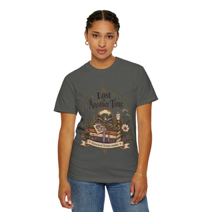 Person wearing a pepper garment-dyed literary T-shirt inspired by quiet afternoons spent reading.