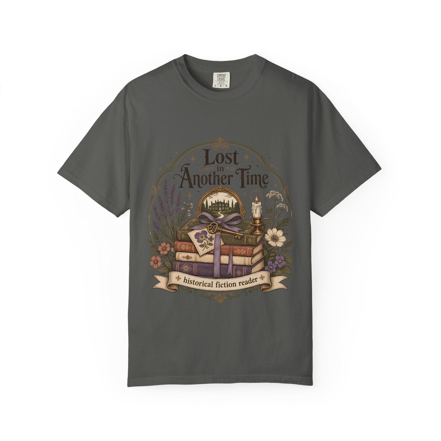 Pepper graphic T-shirt featuring an illustrated vintage bookshop celebrating the joy of reading.