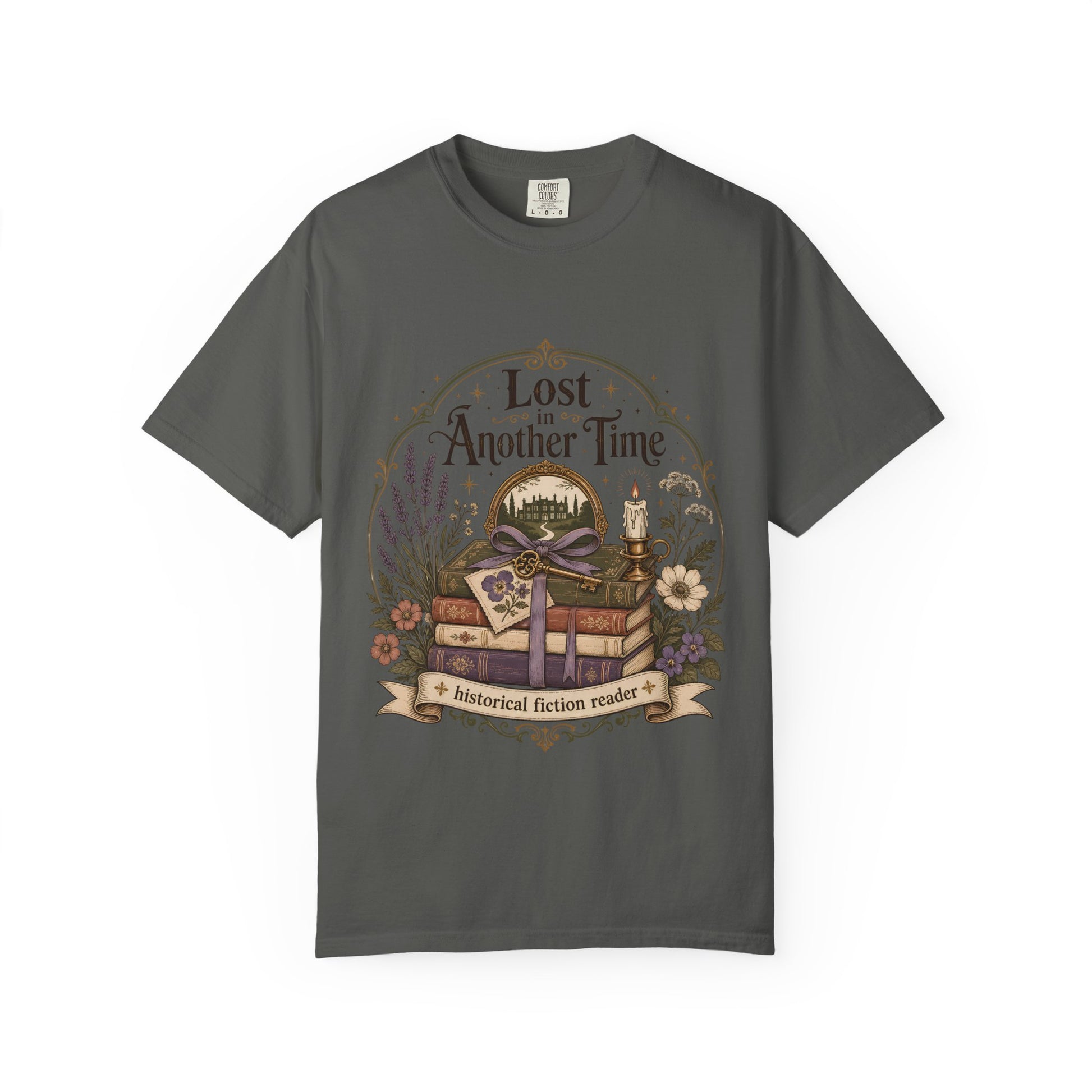 Pepper graphic T-shirt featuring an illustrated vintage bookshop celebrating the joy of reading.