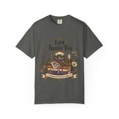 Pepper graphic T-shirt featuring an illustrated vintage bookshop celebrating the joy of reading.