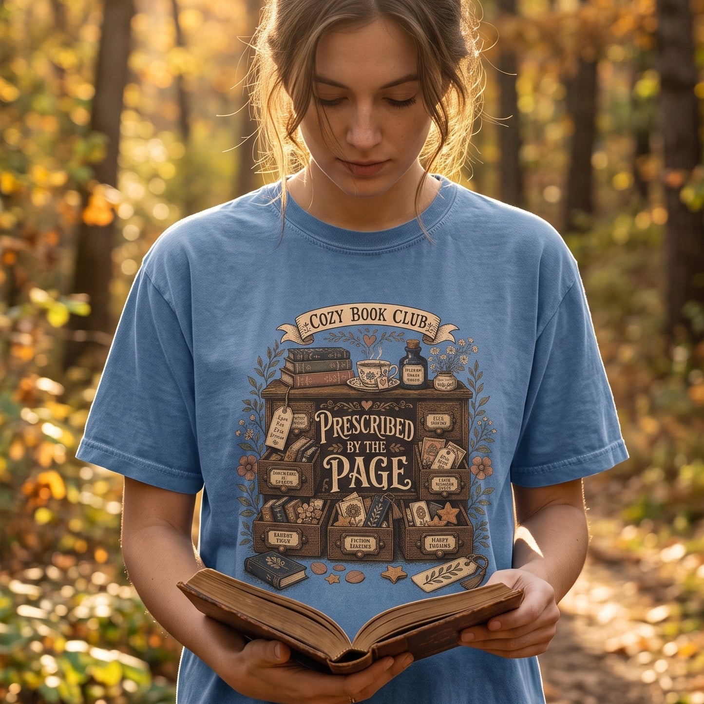 Prescribed by the Page cozy book club T-shirt featuring a vintage bookish cabinet, stacked books, floral teacup, flowers and literary labels