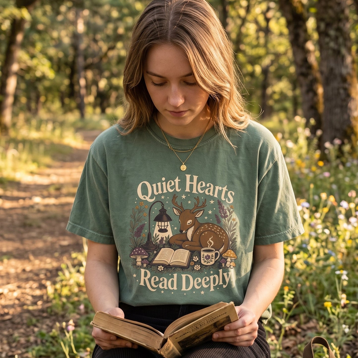 Woman wearing the Moss Comfort Colors® Quiet Hearts Read Deeply Book Lover T-shirt while reading outdoors in a peaceful woodland setting.