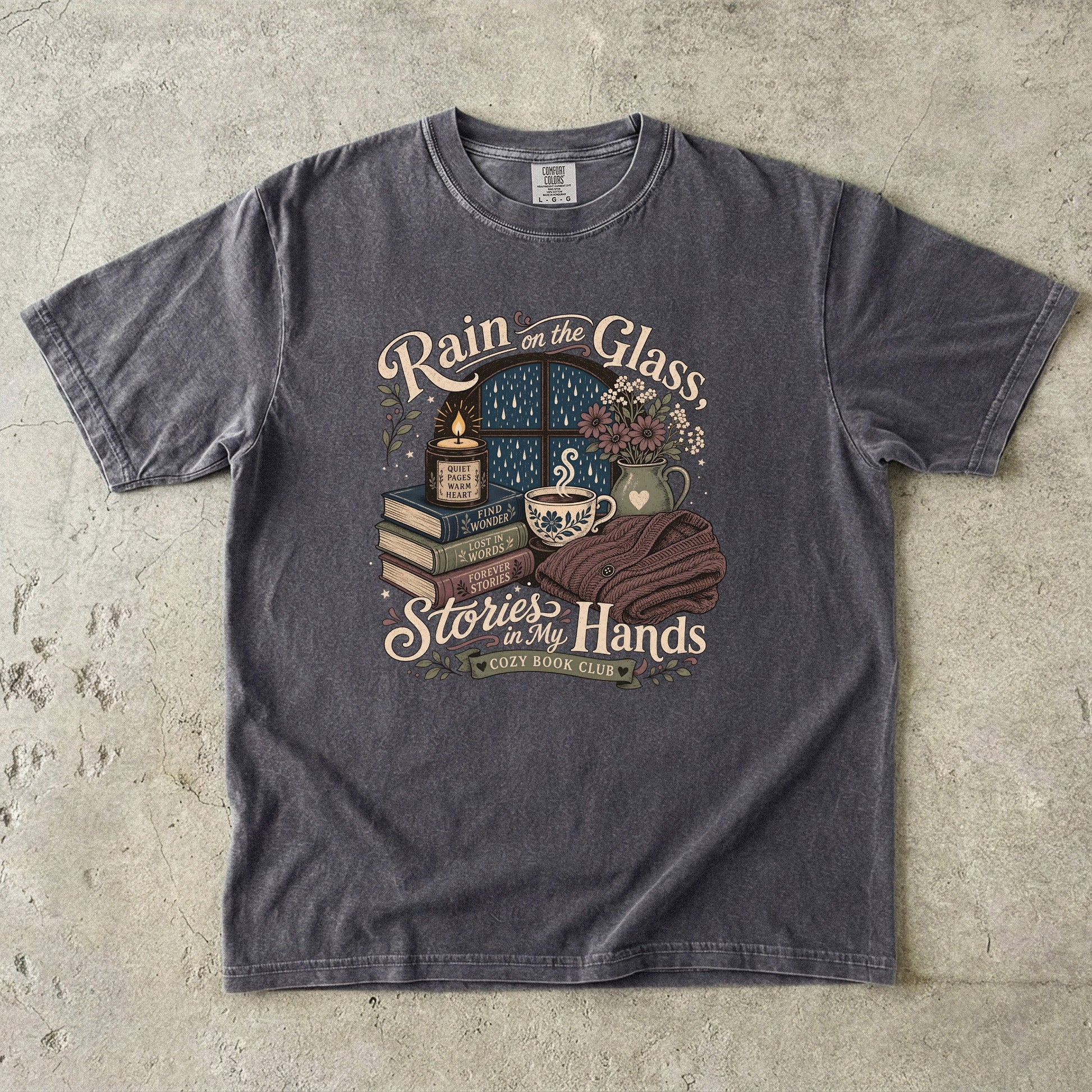 Rain on the Glass rainy day reading T-shirt with books, tea and candle design on Pepper.