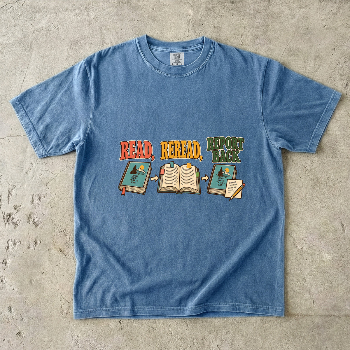 Blue Jean book club T-shirt with “Read, Reread, Report Back” above three illustrated book moments