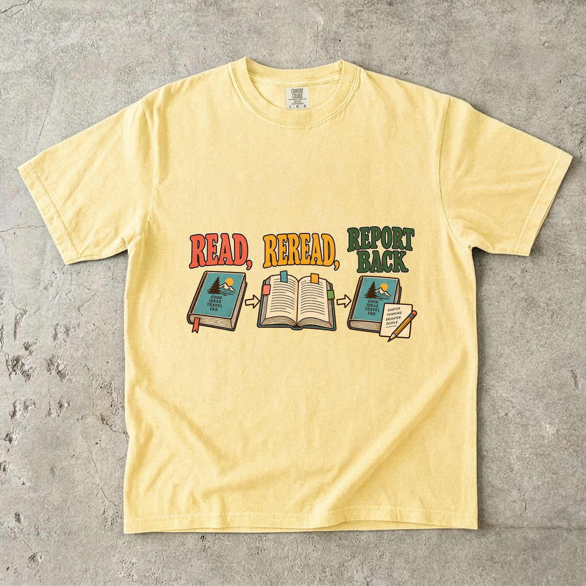 Butter book club T-shirt with “Read, Reread, Report Back” above three illustrated book moments
