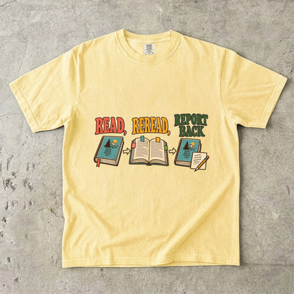 Butter book club T-shirt with “Read, Reread, Report Back” above three illustrated book moments