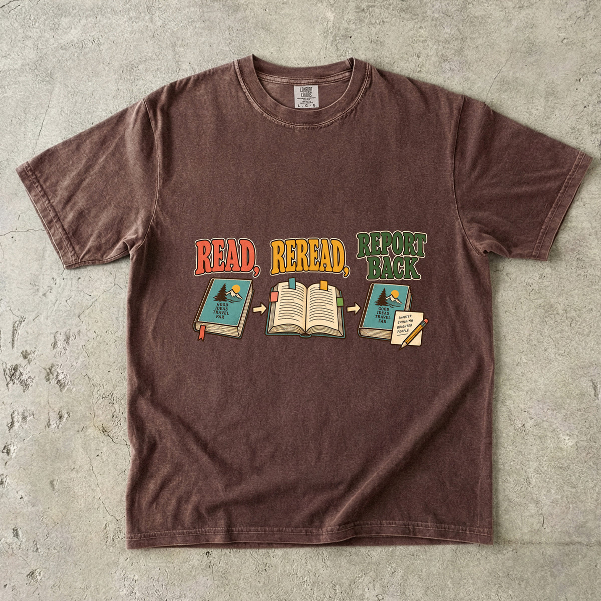 Espresso book club T-shirt with “Read, Reread, Report Back” above three illustrated book moments