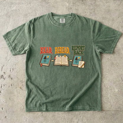 Moss book club T-shirt with “Read, Reread, Report Back” above three illustrated book moments