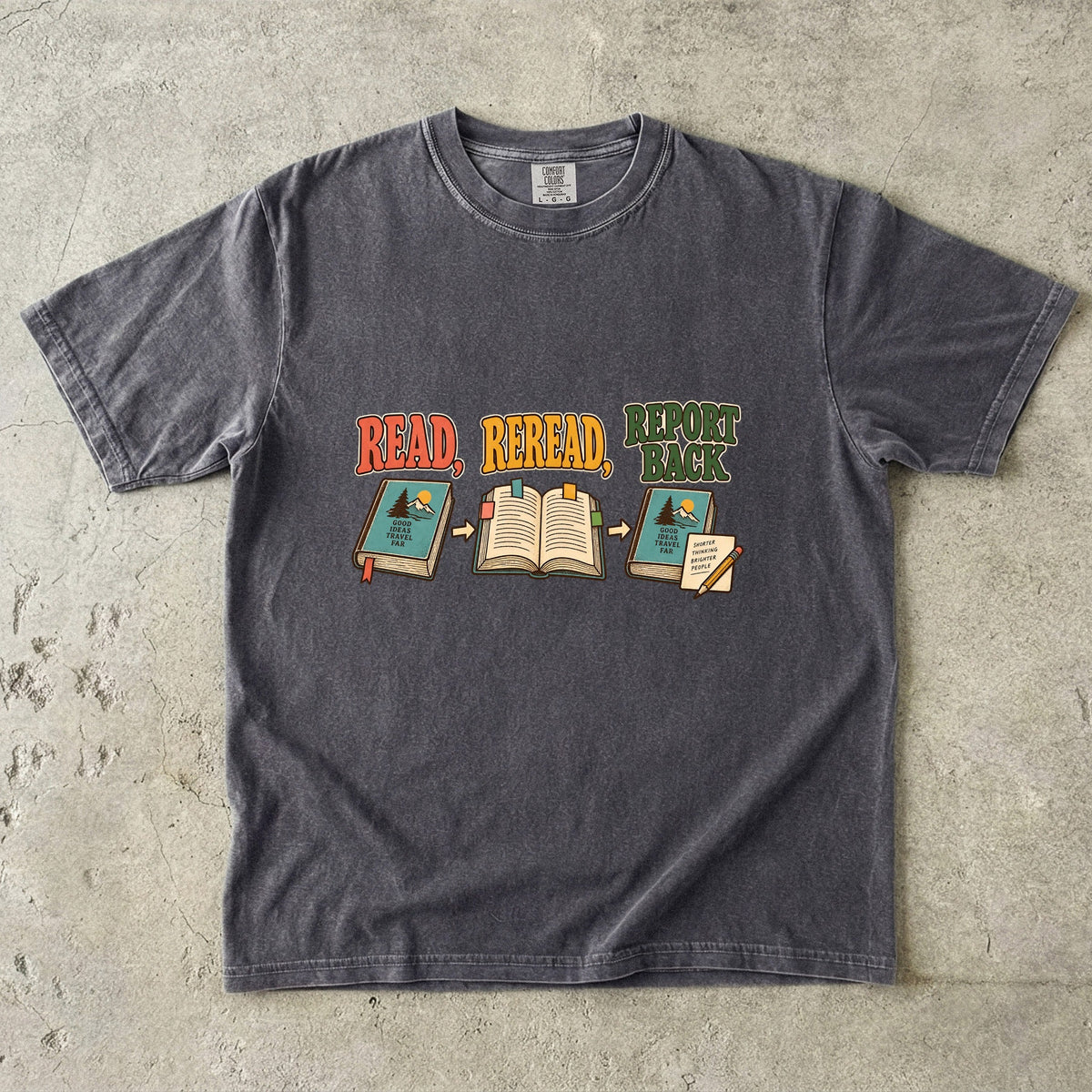 Pepper book club T-shirt with “Read, Reread, Report Back” above three illustrated book moments