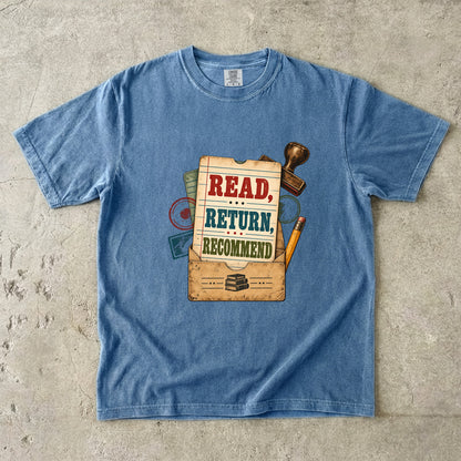 Blue Jean library lover T-shirt with “Read, Return, Recommend” on a vintage library-style card
