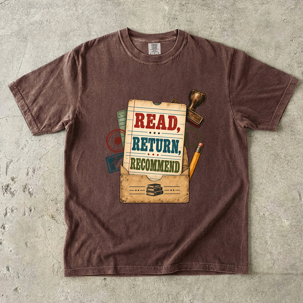 Espresso library lover T-shirt with “Read, Return, Recommend” on a vintage library-style card