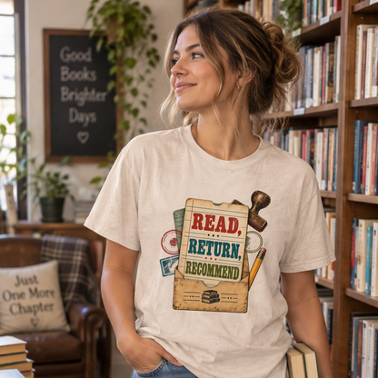 Library lover T-shirt featuring “Read, Return, Recommend” on a vintage library-style card