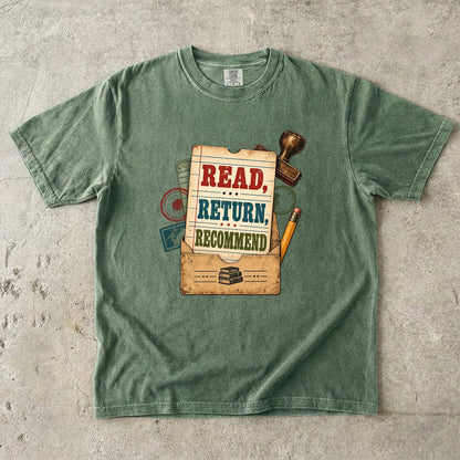 Moss library lover T-shirt with “Read, Return, Recommend” on a vintage library-style card