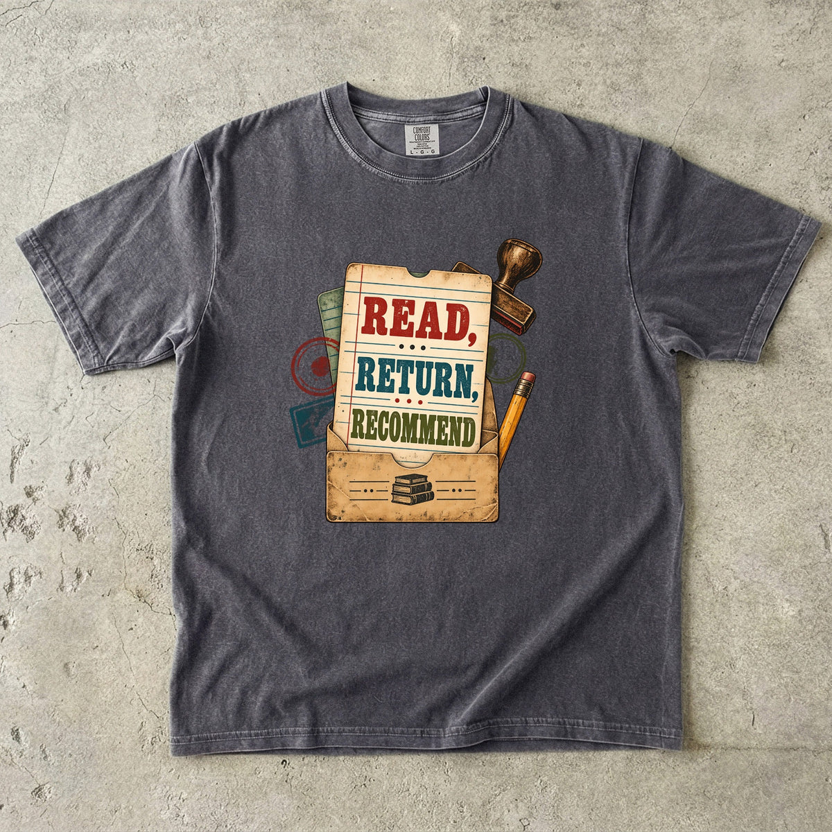Pepper library lover T-shirt with “Read, Return, Recommend” on a vintage library-style card