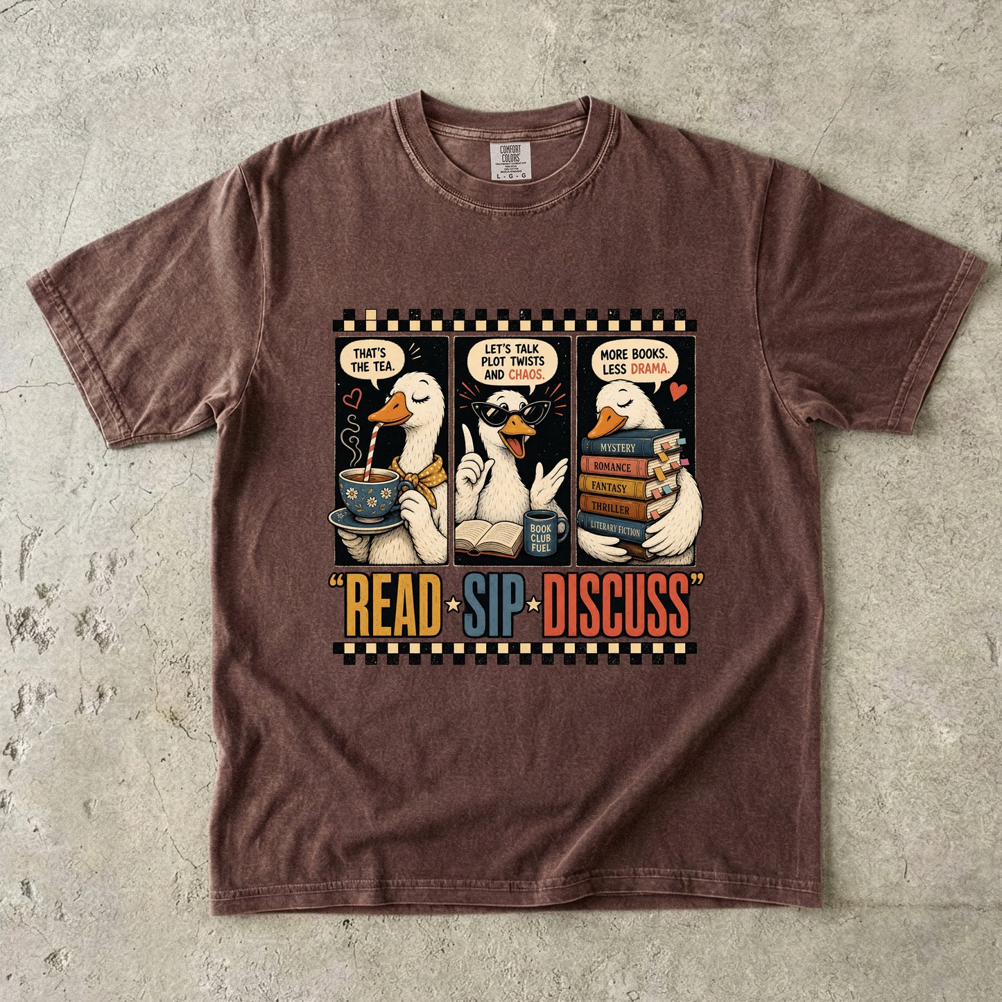 Espresso Comfort Colors book club T-shirt featuring the Read Sip Discuss literary duck design with books and tea.