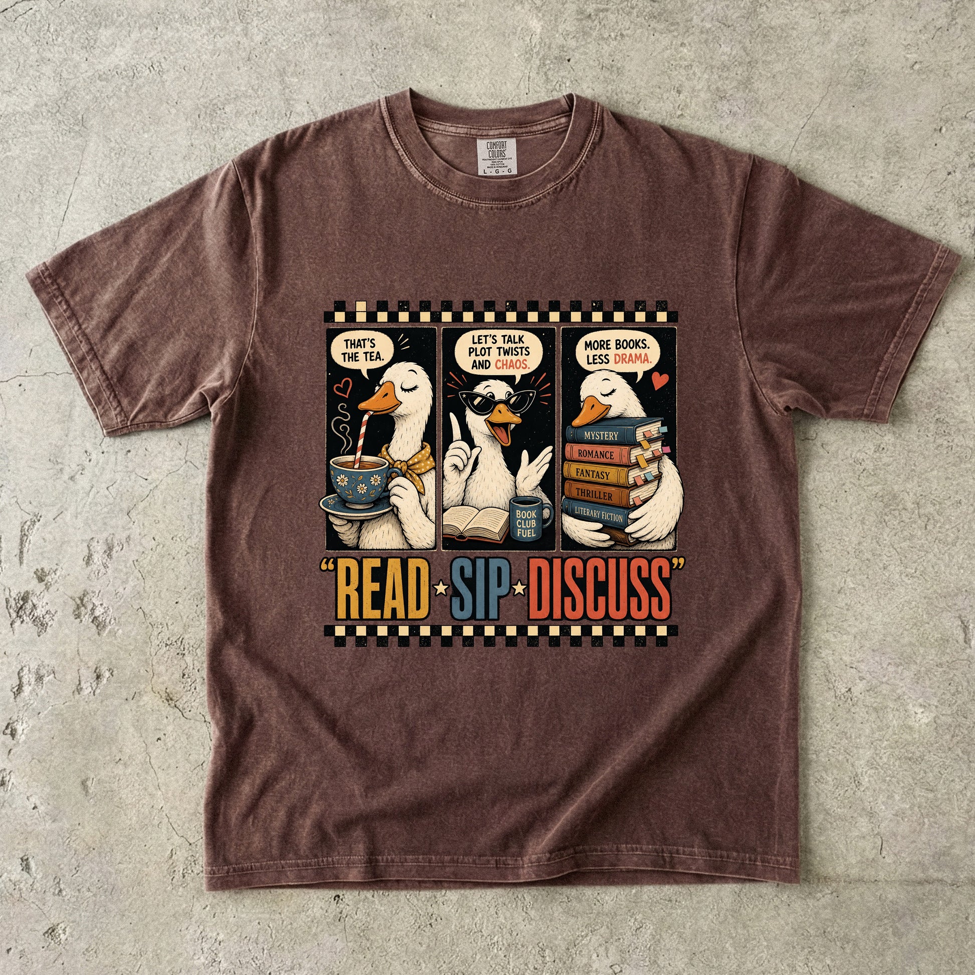 Espresso Comfort Colors book club T-shirt featuring the Read Sip Discuss literary duck design with books and tea.
