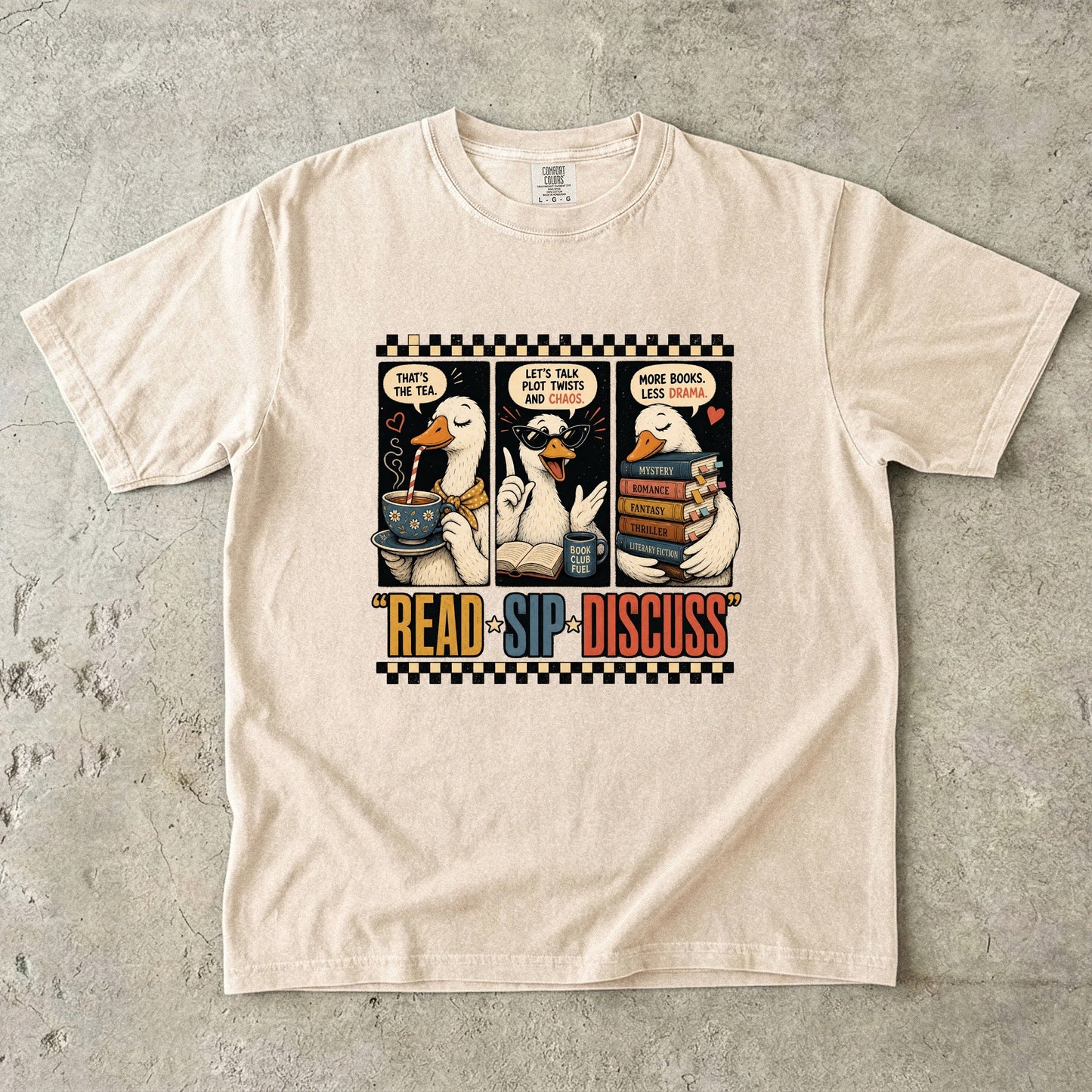Ivory Comfort Colors Read Sip Discuss T-shirt with retro comic-style ducks, books and book club humour.
