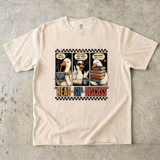 Ivory Comfort Colors Read Sip Discuss T-shirt with retro comic-style ducks, books and book club humour.