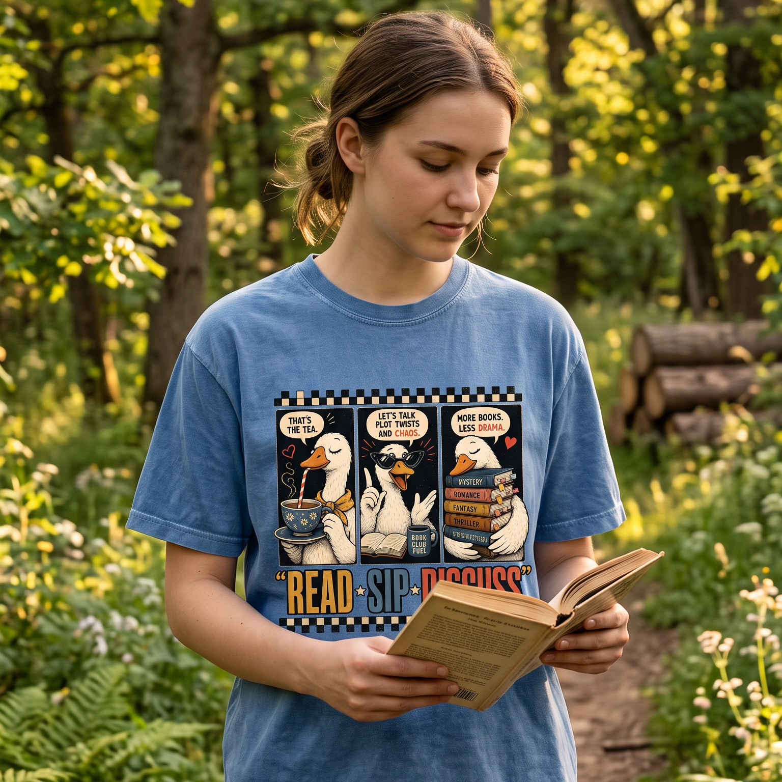 Reader wearing a Blue Jean Read Sip Discuss book club T-shirt while reading outdoors.