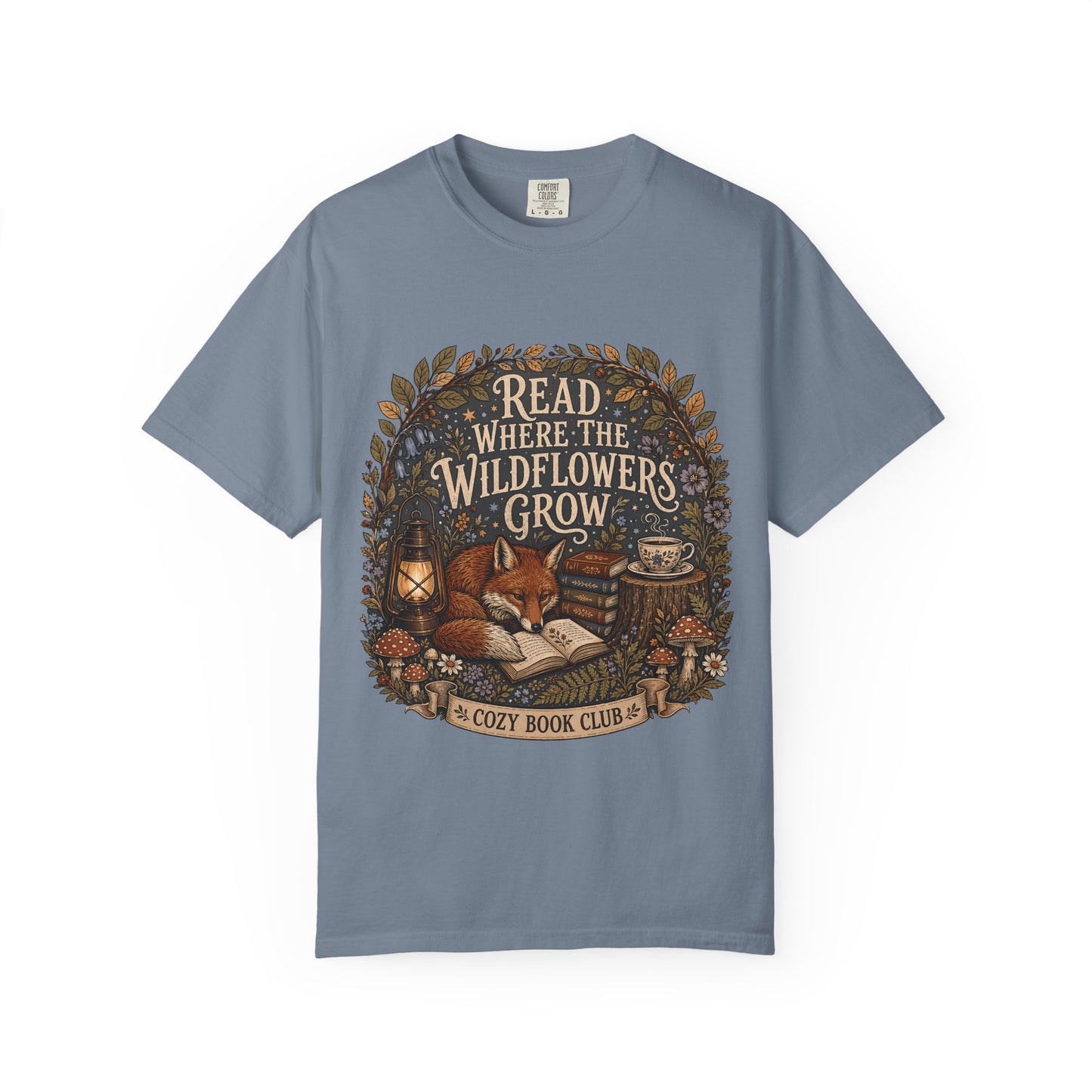 Read Where the Wildflowers Grow fox reading T-shirt with books and woodland wildflowers on Blue Jean.