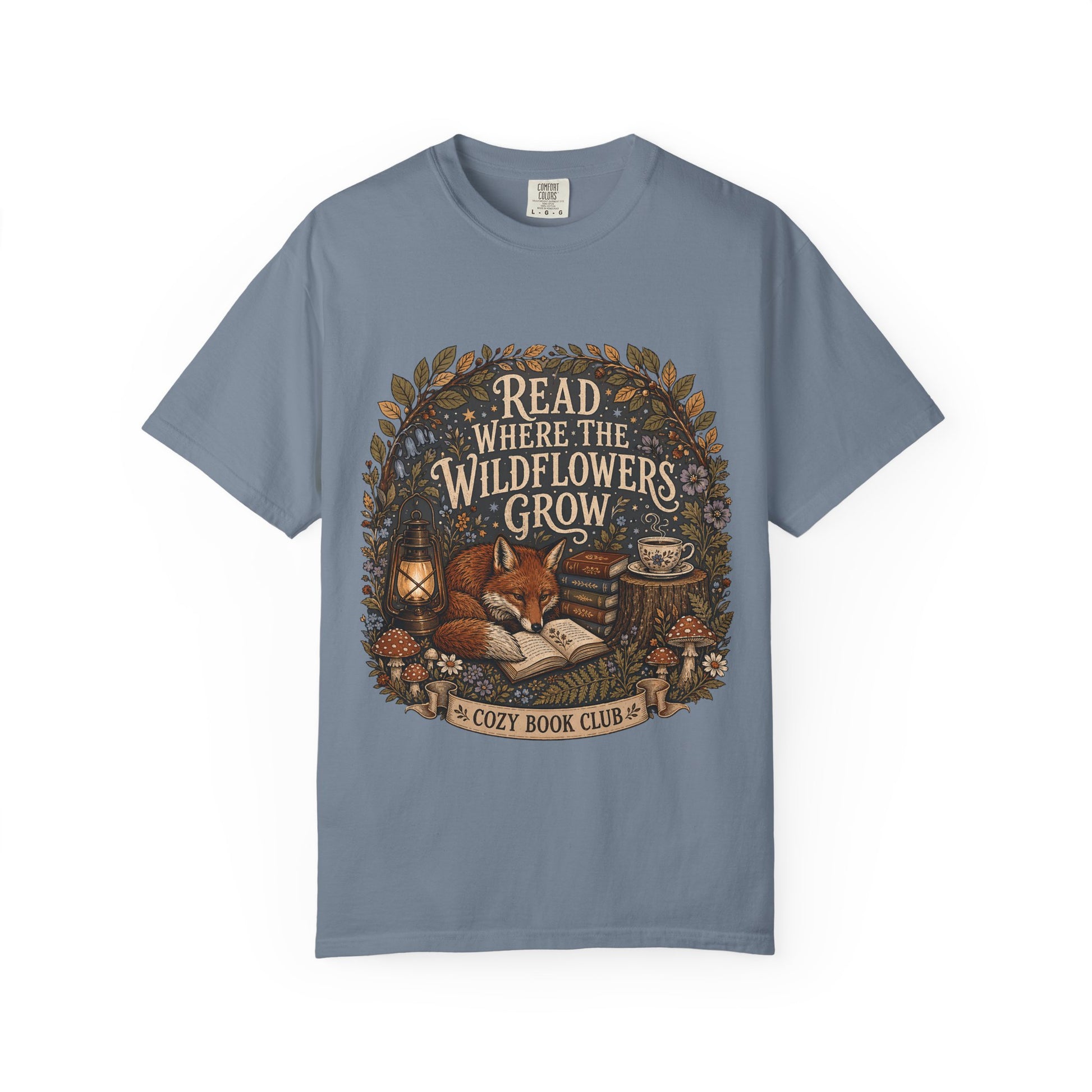 Read Where the Wildflowers Grow fox reading T-shirt with books and woodland wildflowers on Blue Jean.