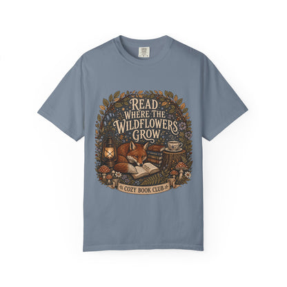 Read Where the Wildflowers Grow fox reading T-shirt with books and woodland wildflowers on Blue Jean.