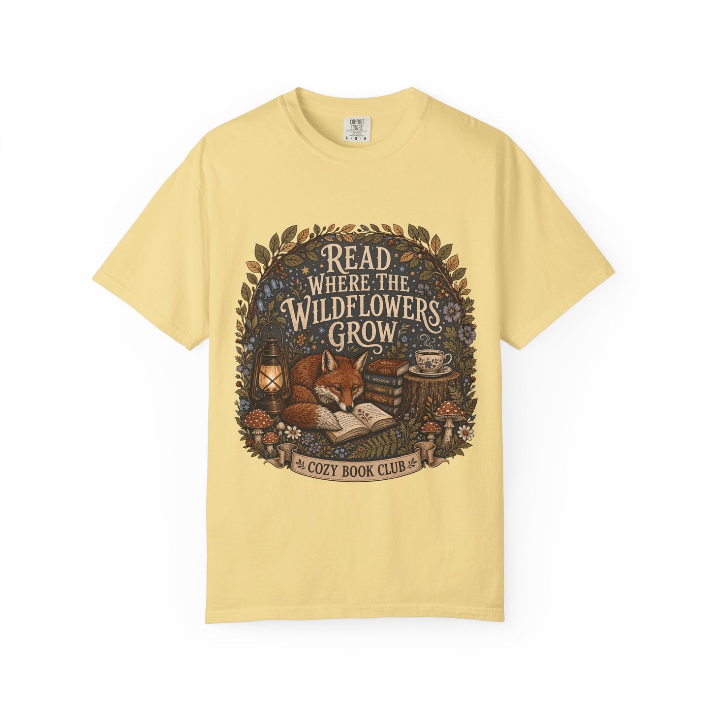 Read Where the Wildflowers Grow fox reading T-shirt with books and woodland wildflowers on Butter.