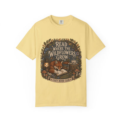 Read Where the Wildflowers Grow fox reading T-shirt with books and woodland wildflowers on Butter.