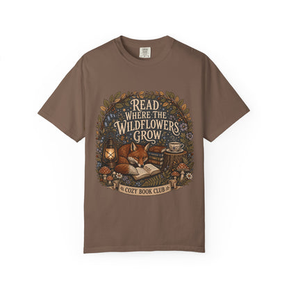 Read Where the Wildflowers Grow fox reading T-shirt with books and woodland wildflowers on Espresso.
