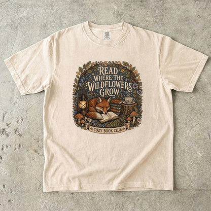 Read Where the Wildflowers Grow fox reading T-shirt with books and woodland wildflowers on Ivory.
