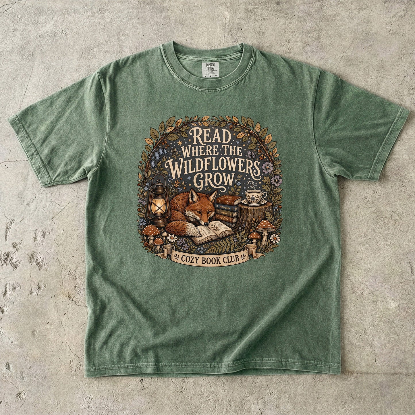 Read Where the Wildflowers Grow fox reading T-shirt with books and woodland wildflowers on Moss.