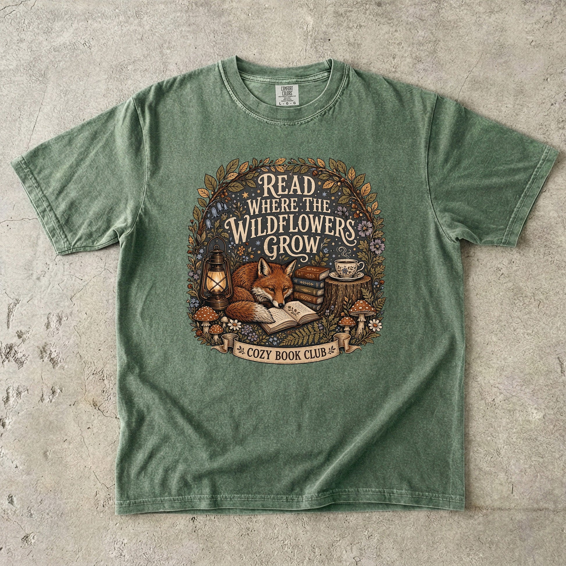 Read Where the Wildflowers Grow fox reading T-shirt with books and woodland wildflowers on Moss.